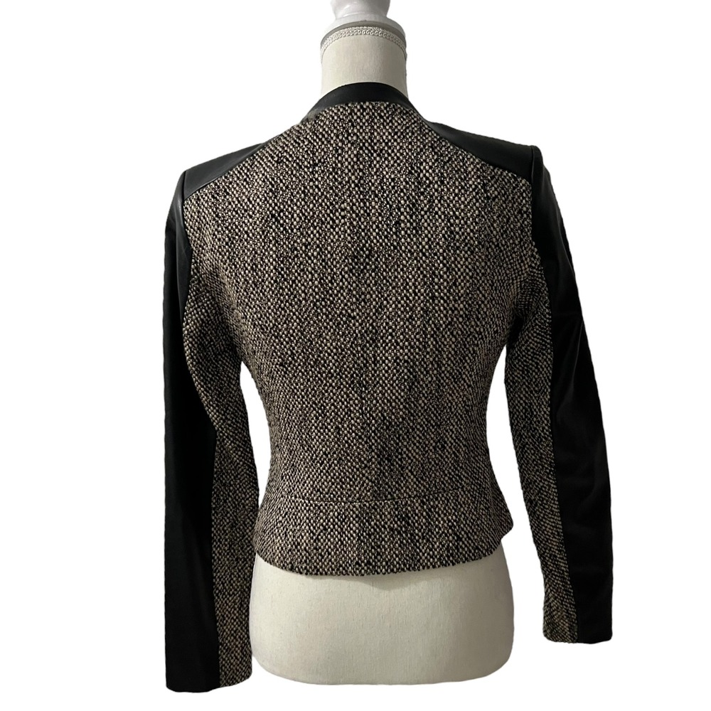 Calvin Klein Brown Faux Leather Trim Tweed Moto‎ Jacket XS - Picture 6 of 9